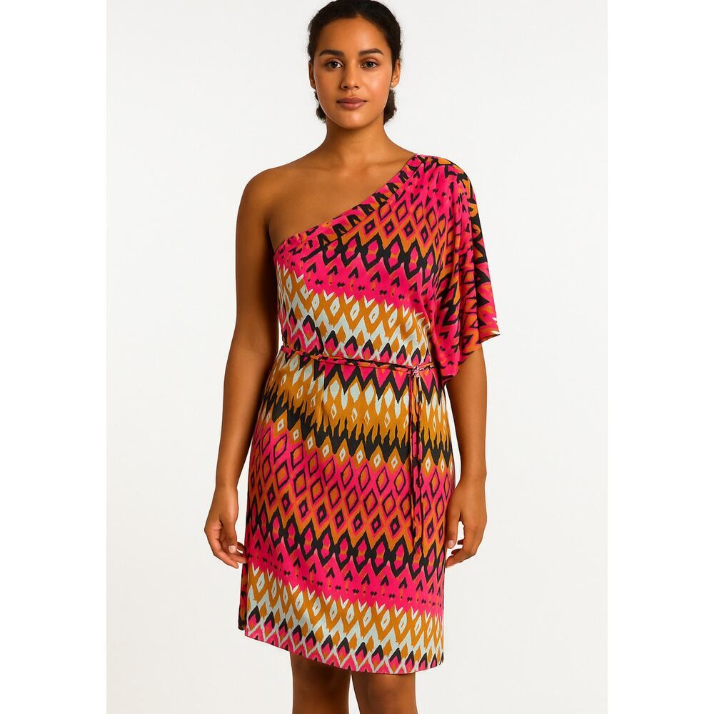 Maggy London Size 8 One Shoulder Shift Dress Pink Red Chevron Tie Waist Stretch